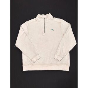 Tommy Bahama Mens M Quarter Zip Pullover Cream Pima Cotton Tencel Marlin Logo